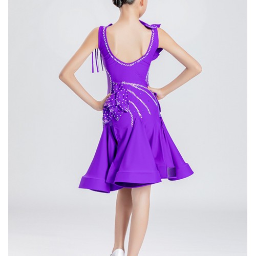 Custom size violet purple competition ballroom latin dance dresses for girls kids children salsa chacha rumba performance outfits for Baby